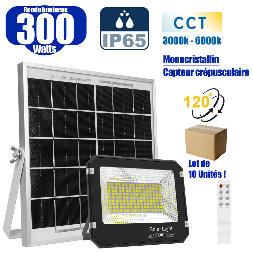 Lot de 10x Projecteurs LED solaires Série AJUST V3 - CCT - Rendu lumineux 300 Watts - 1400 Lumens - 120° - IP65 - Projecteur 26 x 21 x 5 cm - Panneau MONOCRISTALLIN 30 x 21 x 2 cm - Avec télécommande - Avec capteur crépusculaire