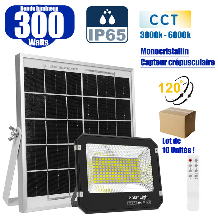 Lot de 10x Projecteurs LED solaires Série AJUST V3 - CCT - Rendu lumineux 300 Watts - 1400 Lumens - 120° - IP65 - Projecteur 26 x 21 x 5 cm - Panneau MONOCRISTALLIN 30 x 21 x 2 cm - Avec télécommande - Avec capteur crépusculaire