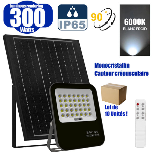 Lot de 10x Projecteurs LED solaires - Série BIG BOY V3 - 300 Watts - 1400 Lumens - 90° - IP65 - Lampe 23 x 19 x 5 cm - Modèle NOIR - Panneau solaire MONOCRISTALLIN FULL BLACK 21 x 30 x 2 cm - Télécommande - 6000k - Structure ALUMINIUM