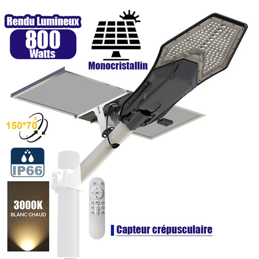 Lampe de rue solaire - Série INTERSTELLAR ELITE 800 Watts - 5600 Lumens - Angle 150*70° - IP66 - Lampe 75 x 34 x 10 cm - Panneau MONO 67 x 45 x 3 cm - Contrôleur intelligent - Avec télécommande - 3000k - Support inclus - Capteur crépusculaire
