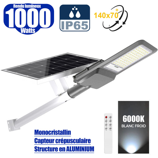 Lampe de rue solaire - Série INTERSTELLAR EVO - 1000 Watts - 6200 Lumens - Angle 140x70° - IP65 - Lampe 50 x 21 x 9 cm - Panneau MONOCRISTALLIN 63 x 39 x 2 cm - Avec télécommande - Capteur crépusculaire - 6000k - Structure ALUMINIUM