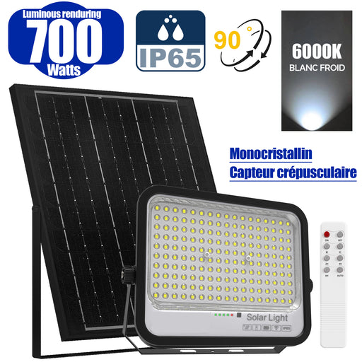Projecteur LED solaire - Série PERFORMANCE - 700 Watts - 4000 Lumens - Angle 90° - IP65 - Lampe 32 x 26 x 5 cm - Panneau solaire 43 x 39 x 2 cm - MONOCRISTALLIN FULL BLACK - Télécommande - Capteur crépusculaire - 6000k