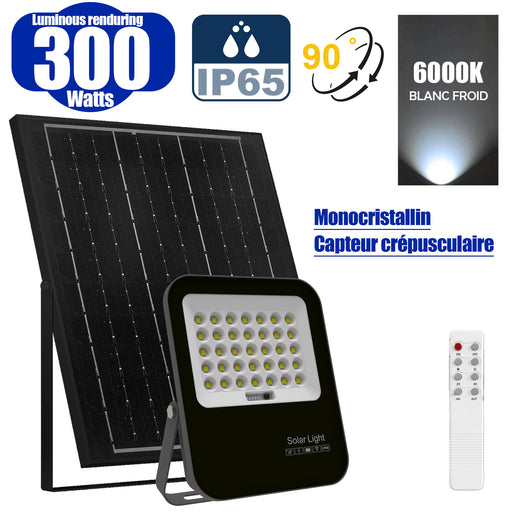 Projecteur LED solaire - Série BIG BOY V3 - 300 Watts - 1400 Lumens - 90° - IP65 - Lampe 23 x 19 x 5 cm - Modèle NOIR - Panneau solaire MONOCRISTALLIN FULL BLACK 21 x 30 x 2 cm - Télécommande - 6000k - Structure ALUMINIUM