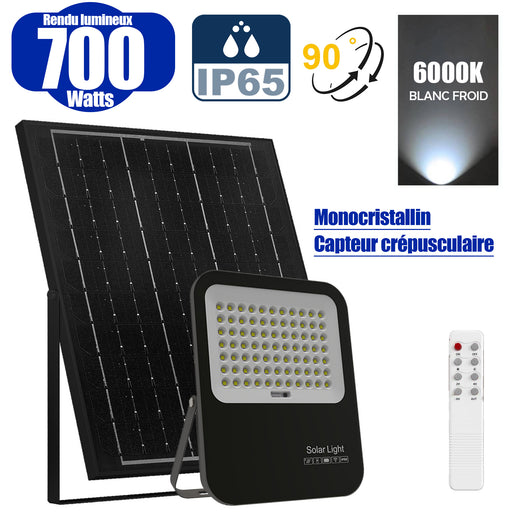 Projecteur LED solaire - Série BIG BOY V3 - 700 Watts - 4000 Lumens - 90° - IP65 - Lampe 33 x 28 x 5 cm - Modèle NOIR - Panneau solaire MONOCRISTALLIN FULL BLACK 43 x 39 x 2 cm - Télécommande - 6000k - Structure ALUMINIUM