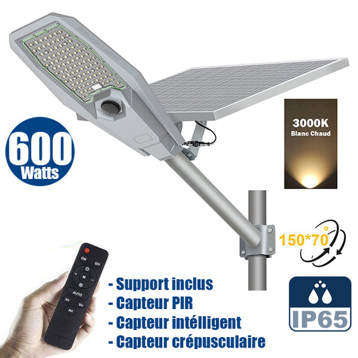 Lampe de rue solaire - Série INTERSTELLAR ULTRA - 600 Watts - 3600 Lumens - Angle 150x70° - IP65 - Lampe 62 x 30 x 8 cm - Panneau 67 x 45 cm - Controleur intelligent - Avec télecommande - Capteur PIR - 3000k - Support inclus - Capteur crépusculaire