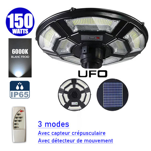 Lampe solaire pour extérieur - Série OVNI BASIC V2 - Rendu lumineux 150W - Angle 360° - IP65 - 55 x 15 cm - Tube d'insertion 60 / 76mm - Avec télécommande - Avec détecteur de mouvement - Avec capteur crépusculaire - 6000k