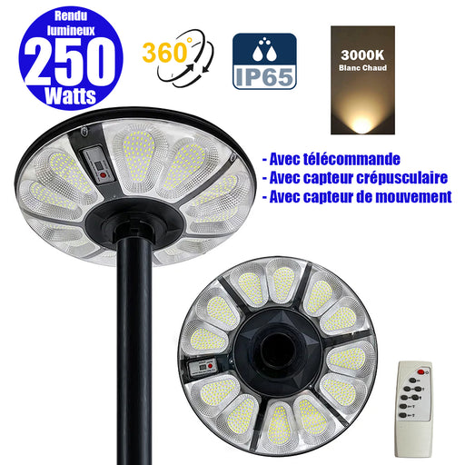 Lampe solaire pour extérieur - Série OVNI CRYSTAL - 250 Watts - 1500 Lumens - Angle 360° - IP65 - Lampe 55 x 55 x 6 cm - Tube d'insertion 60/76 mm - Panneau polycristallin 36 x 42 cm - Détecteur de mouvement - Capteur crépusculaire - Télécommande - 3000k