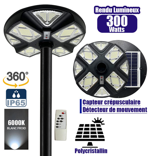 Lampe solaire pour extérieur - Série OVNI CRYSTAL V2 - 300 Watts - 1900 Lumens - Angle 360° - IP65 - Lampe 55 x 55 cm - Panneau polycristallin 42 x 35 cm - Tube d'insertion 60/76 mm - Détecteur de mouvement - Capteur crépusculaire - Télécommande - 6000k