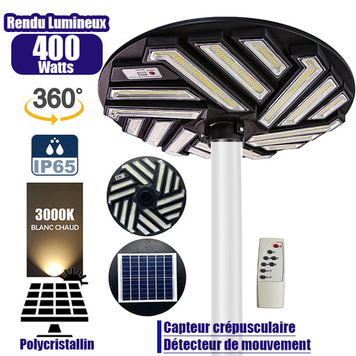 Lampe solaire pour extérieur - Série OVNI EMERAUDE - 400 Watts - 2300 Lumens - Angle 360° - IP65 - Lampe 61 x 61 cm - Panneau polycristallin 48 x 35 cm - Tube d'insertion 60/76 mm - Détecteur de mouvement - Capteur crépusculaire - Télécommande - 3000k