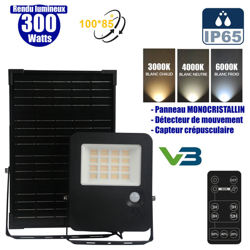 Projecteur LED solaire - Série SECURITY V3 - 300 Watts - 4800 Lumens - Angle 100*85° - IP65 - Lampe 24 x 20 x 4 cm - Panneau solaire MONOCRISTALLIN 37 x 26 x 2 cm - Avec détecteur de mouvement - Télécommande - 3000k/4000k/6000k