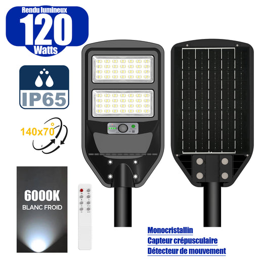 Solaire - Luminaire LED pour Candélabre / Lampe de rue et parking - Série VIEW V2 - 120 Watts - 1200 Lumens - Angle 140*70° - IP65 - Lampe 41 x 23 x 5 cm - Panneau MONOCRISTALLIN - 30 x 21 cm - Détecteur de mouvement - 6000k - Tube d'insertion 45mm