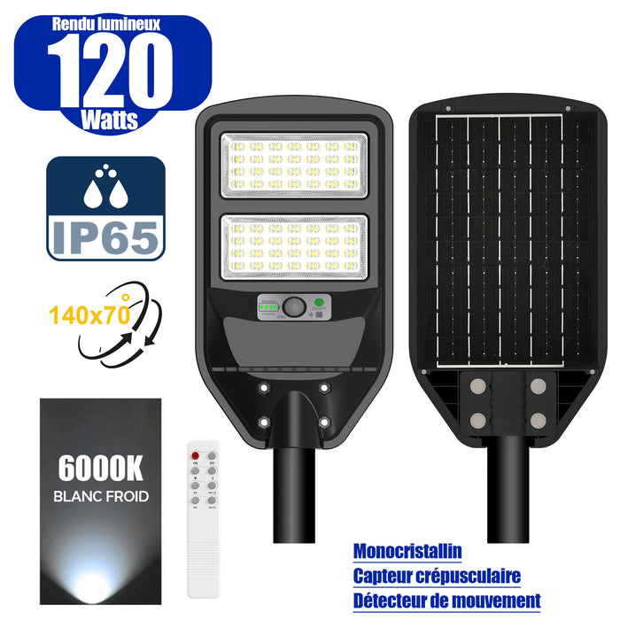 Solaire - Luminaire LED pour Candélabre / Lampe de rue et parking - Série VIEW V2 - 120 Watts - 1200 Lumens - Angle 140*70° - IP65 - Lampe 41 x 23 x 5 cm - Panneau MONOCRISTALLIN - 30 x 21 cm - Détecteur de mouvement - 6000k - Tube d'insertion 45mm
