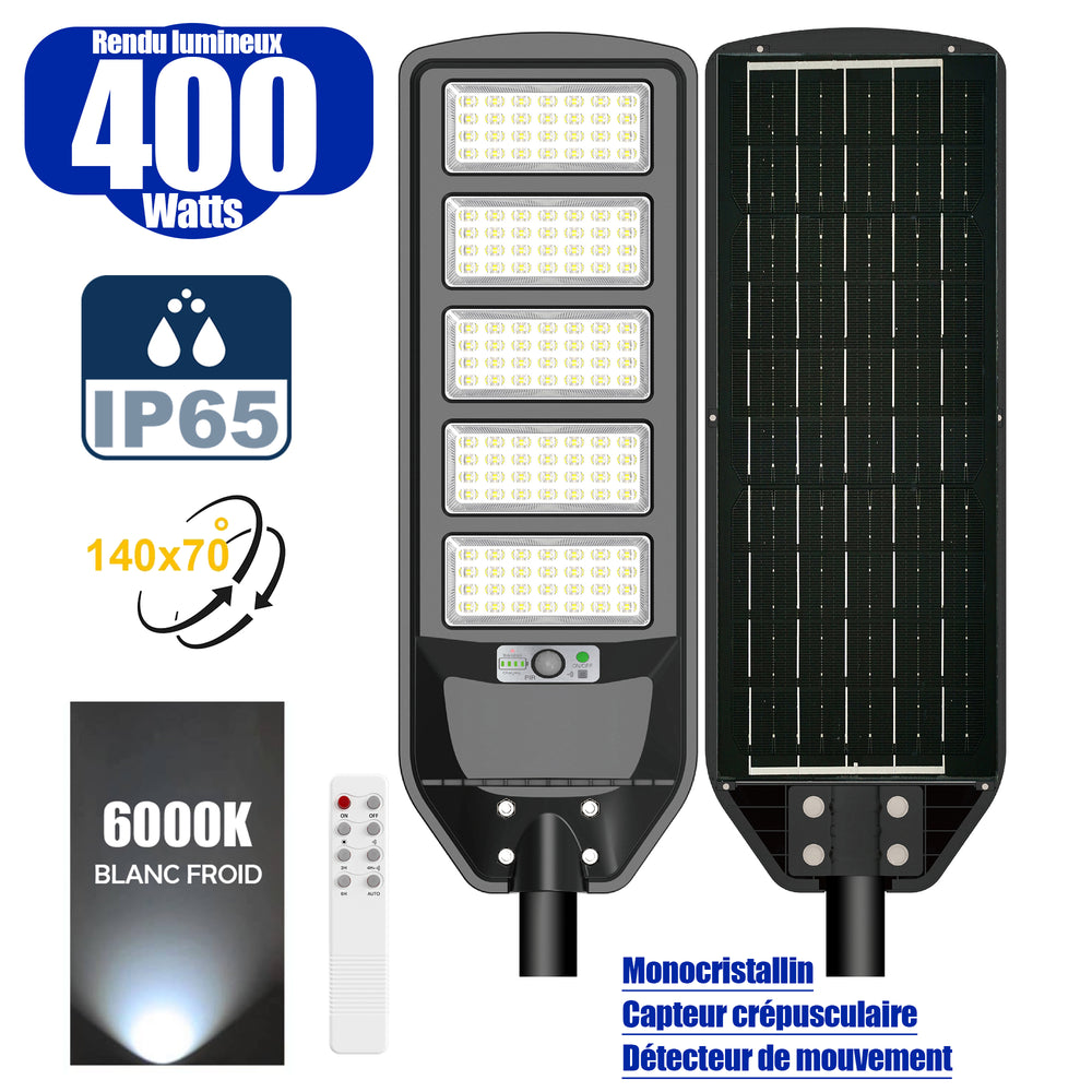 Solaire - Luminaire LED pour Candélabre / Lampe de rue et parking - Série VIEW V2 - 400 Watts - 2700 Lumens - Angle 140*70° - IP65 - Lampe 72 x 25 x 5 cm - Panneau MONOCRISTALLIN - 61 x 23 cm - Détecteur de mouvement - 6000k - Tube d'insertion 45mm