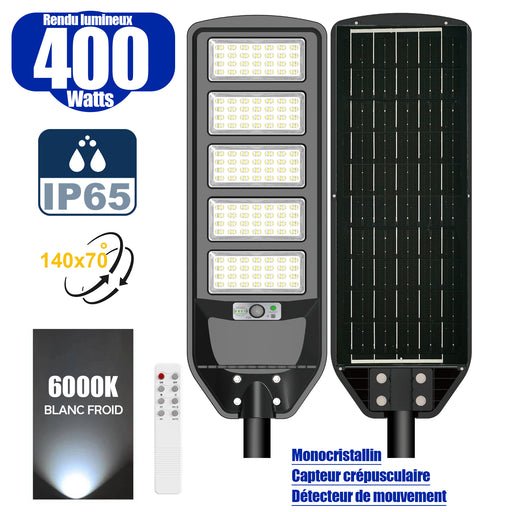 Solaire - Luminaire LED pour Candélabre / Lampe de rue et parking - Série VIEW V2 - 400 Watts - 2700 Lumens - Angle 140*70° - IP65 - Lampe 72 x 25 x 5 cm - Panneau MONOCRISTALLIN - 61 x 23 cm - Détecteur de mouvement - 6000k - Tube d'insertion 45mm