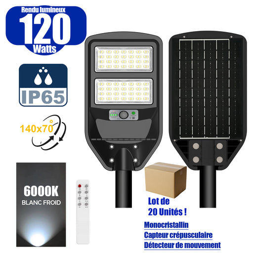 Lot de 20x Solaires - Luminaire LED pour Candélabre / Lampe de rue et parking - Série VIEW V2 - 120 Watts - 1200 Lumens - Angle 140*70° - IP65 - Lampe 41 x 23 x 5 cm - Panneau MONOCRISTALLIN - Détecteur de mouvement - 6000k - Tube d'insertion 45mm
