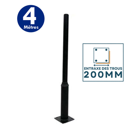 Mât / Poteau pour lampe de rue - Série STANDARD V1 EVO - 4 mètres - Entraxe latéral des trous 200mm - Couleur Noir