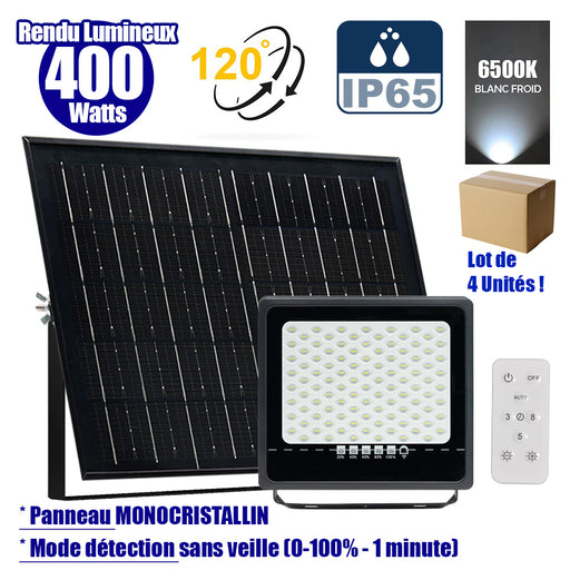 Lot de 4x Projecteurs LED solaires - Série SECURITY ULTRA - 400 Watts - 2000 Lumens - Angle 120° - IP65 - Lampe 28 x 25 x 5 cm - Panneau solaire MONOCRISTALLIN 42 x 33 x 3 cm - Télécommande - 6500k - Mode de détection sans veille (0-100% - 1 minute)