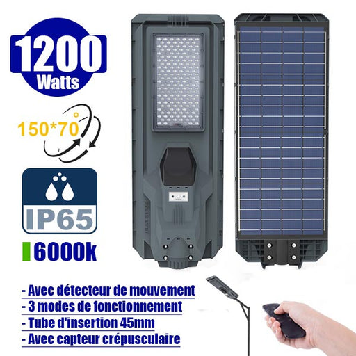 Lampe de rue solaire - Série STARSHIP - Rendu lumineux 1200 Watts - 3600 Lumens - Couleur 6000K - Angle 150x70° - IP65 - Dimensions 82 x 30 x 8 cm - Tube d'insertion 45mm - Avec détecteur de mouvement - Télécommande - 3 modes de fonctionnement