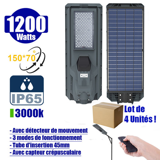 Lot de 4x Lampes de rue solaires - Série STARSHIP - Rendu lumineux 1200 Watts - 3600 Lumens - Couleur 3000K - Angle 150x70° - IP65 - Dimensions 82 x 30 x 8 cm - Tube d'insertion 45mm - Avec détecteur de mouvement - Télécommande - 3 modes de fonctionnement
