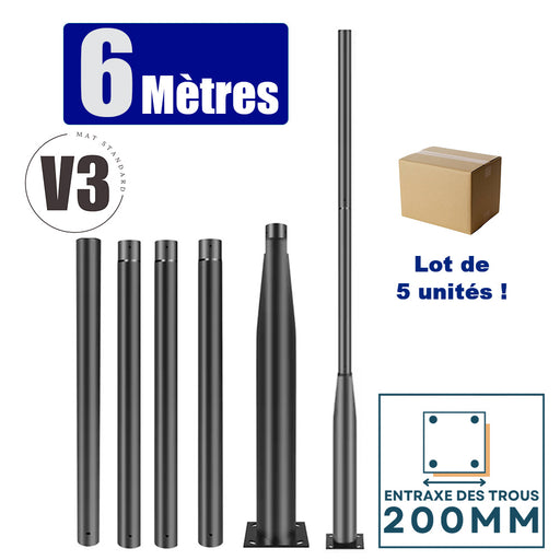 Lot de 5x Mâts / Poteaux pour lampe de rue - Nouveau design - Série STANDARD V3 EVO - 6 mètres - Entraxe latéral des trous 200mm - Couleur Noir MAT - Finition épurée