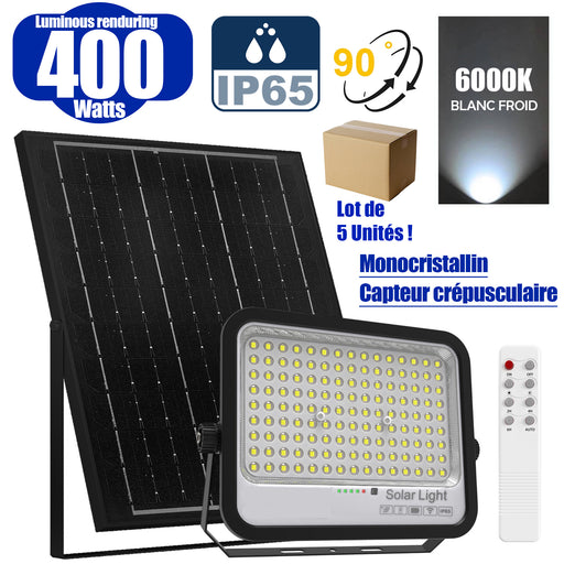 Lot de 5x Projecteurs LED solaires - Série PERFORMANCE - 400 Watts - 2100 Lumens - Angle 90° - IP65 - Lampe 25 x 20 x 5 cm - Panneau solaire 39 x 23 x 2 cm - MONOCRISTALLIN FULL BLACK - Télécommande - Capteur crépusculaire - 6000k