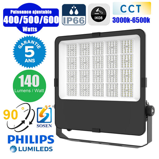 Projecteur LED filaire CCT (Couleur Changeante en Température) - Série CITY PLUS EVO V2 - Modèle 9 en 1 - Puissance ajustable 400 / 500 / 600 Watts - 140 Lumens/Watt - Angle 90° - 62 x 52 x 6 cm - IP66 - IK08 - Câble 1 mètre - Garantie 5 ans
