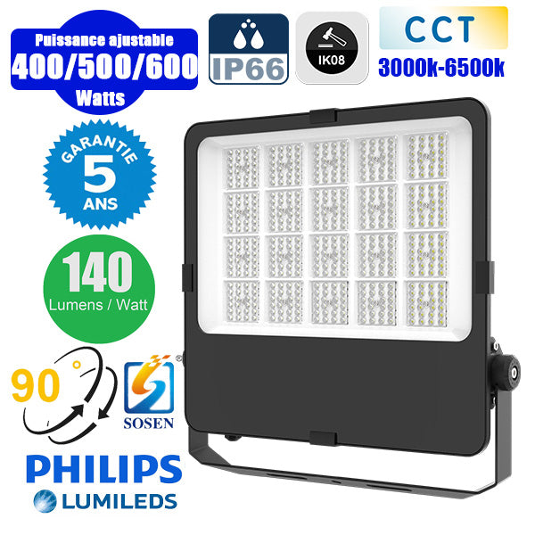 Projecteur LED filaire CCT (Couleur Changeante en Température) - Série CITY PLUS EVO V2 - Modèle 9 en 1 - Puissance ajustable 400 / 500 / 600 Watts - 140 Lumens/Watt - Angle 90° - 62 x 52 x 6 cm - IP66 - IK08 - Câble 1 mètre - Garantie 5 ans