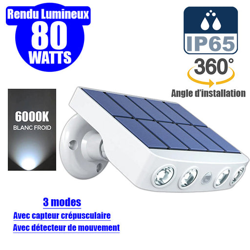 Projecteur / Lampe de sécurité solaire LED multifonctionnelles - Série HYPNOSE - Rendu lumineux 80 Watts - 600 Lumens - Multi angles d'installation 360° - IP65 - 14 x 11 x 3 cm - Détecteur de mouvement - 3 Modes - Modèle blanc - 6000k