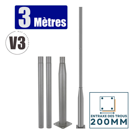 Mât / Poteau pour lampe de rue - Nouveau design - Série STANDARD V3 EVO - 3 mètres - Entraxe latéral des trous 200mm - Couleur GRIS - Finition épurée