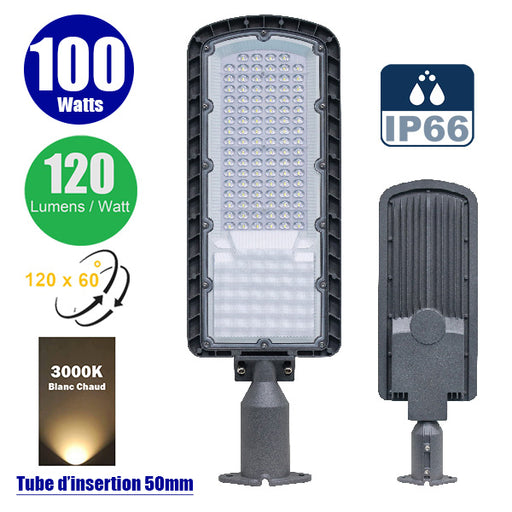 Lampe de rue filaire - Série FLEX ECO - 100 Watts - 12 000 Lumens - 120 Lumens/Watt - Angle 120 x 60° - IP66 - IK08 - 573 x 190 x 70mm - Tube d'insertion 50mm - 3000k