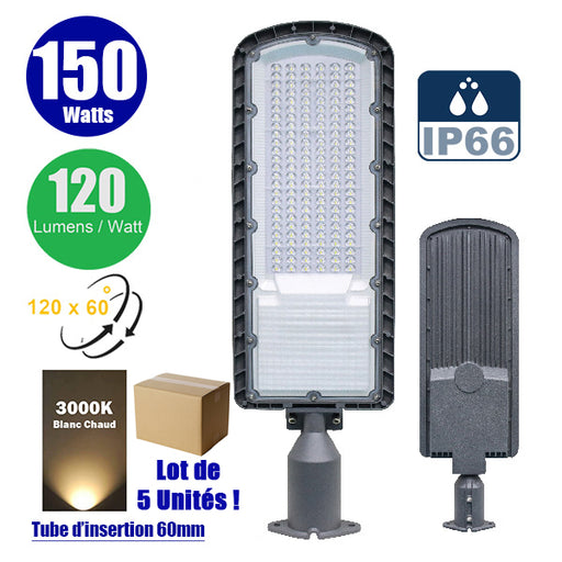 Lot de 5x Lampes de rue filaires - Série FLEX ECO - 150 Watts - 18 000 Lumens - 120 Lumens/Watt - Angle 120 x 60° - IP66 - IK08 - 665 x 210 x 80mm - Tube d'insertion 60mm - 3000k