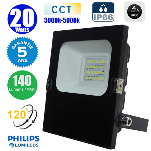 Projecteur LED CCT (Couleur Changeante en Température) - Série CITY PLUS ULTRA - 20 Watts - 2800 Lumens - 140 Lumens/Watt - Angle 120° - IP66 - IK08 - 13 x 11 x 4 cm - Support ajustable 270° - Câble 50cm - Garantie 5 ans