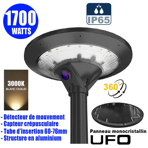Lampe d'extérieur solaire - Série OVNI EVO - 1700 watts - 5100 Lumens - Angle 360° - IP65 - 54 x 20 cm - Panneau solaire monocristallin - Structure aluminium - Tube d'insertion 76mm - Détecteur de mouvement - Capteur crépusculaire - 3000k