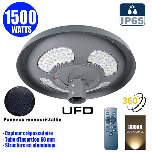 Lampe solaire pour extérieur - série OVNI FUTUR V2 - 1500 Watts - 3200 Lumens - Angle 360° - IP65 - 61 x 19 cm - Tube d'insertion 76 mm - Structure en aluminium - Capteur crépusculaire - Télécommande multifonctions - 3000k