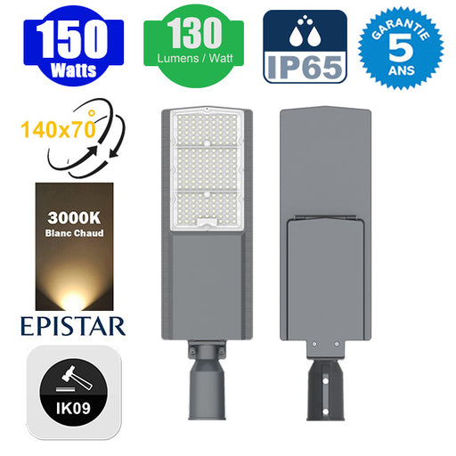 Lampe de rue filaire - Série FLEX V2 - 150 Watts - 19 500 Lumens - 130 Lumens/Watt - IP65 - IK09 - Angle 140x70° - 62x 46 x 2 cm - 3000k – Angle rotatif ajustable - Tube d'insertion 50/60mm - Garantie 5 ans