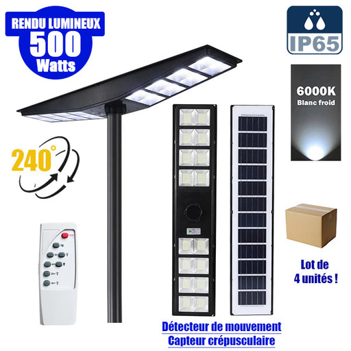 Lot de 4x Lampadaires solaires pour extérieur - Série OVNI SATELLITE - 500 Watts - Angle 240° - IP65 - 117 x 24 x 12 cm - Diamètre tube d’insertion 76/60mm - 3 Modes - Télécommande - Détecteur de mouvement - Capteur crépusculaire - 6000k
