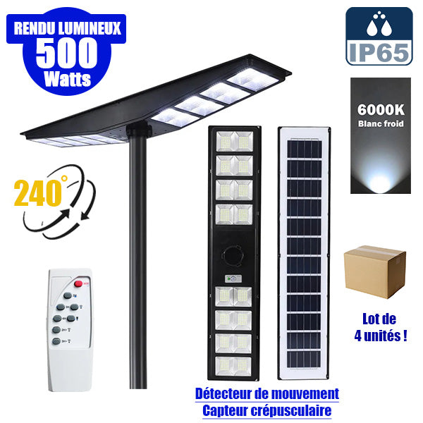 Lot de 4x Lampadaires solaires pour extérieur - Série OVNI SATELLITE - 500 Watts - Angle 240° - IP65 - 117 x 24 x 12 cm - Diamètre tube d’insertion 76/60mm - 3 Modes - Télécommande - Détecteur de mouvement - Capteur crépusculaire - 6000k
