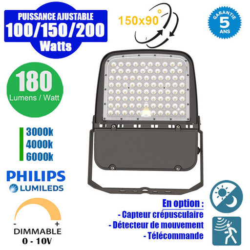 Projecteur LED filaire – Série ULTIME P1 - Puissance ajustable 100 / 150 / 200 Watts - 180 Lumens/Watt - 43 x 30 x 7 cm - IP66 - Angle 150 x 90° - Couleur Bronze foncé - Dimmable – Angle rotatif - Garantie 5 ans
