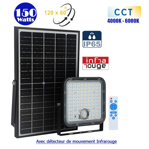 Projecteur LED solaire CCT (Couleur Changeante en Température) - Série SECURITY V1 - Rendu lumineux 150 Watts - 1500 lumens - Angle 120° x 60° - IP65 - Lampe 14 x 15 x 3 cm - Panneau solaire monocristallin - Détecteur Infrarouge - Télécommande
