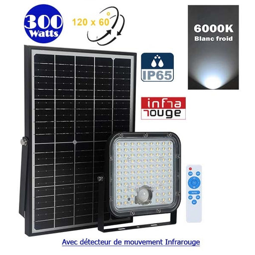 Projecteur LED solaire - Série SECURITY V1 - Rendu lumineux 300 Watts - 4800 lumens - Angle 120° x 60° - IP65 - 6000k - Lampe 20 x 19 x 5 cm - Panneau solaire monocristallin ajustable 35 x 24 x 2 cm - Détecteur PIR - Télécommande