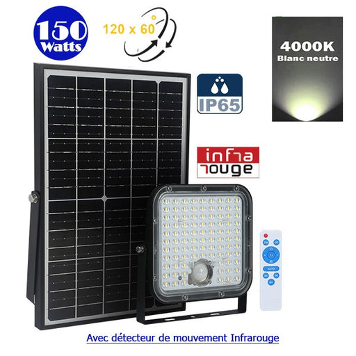 Projecteur LED solaire - Série SECURITY V1 - Rendu lumineux 150 Watts - 1500 lumens - Angle 120° x 60° - IP65 - 4000k - Lampe 14 x 15 x 3 cm - Panneau solaire monocristallin ajustable 22 x 18 x 2 cm - Détecteur Infrarouge - Télécommande