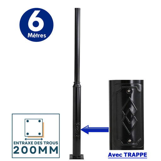 Mât / Poteau pour lampe de rue - Série STANDARD V2 EVO avec TRAPPE - Vis antivol - 6 mètres - Entraxe latéral des trous 200mm - Couleur Noir