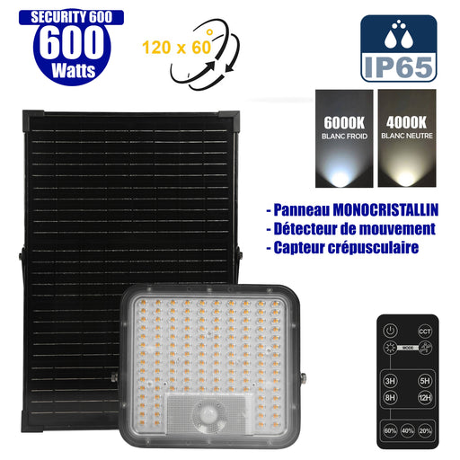 Projecteur LED solaire - Série SECURITY V1 - Rendu Lumineux 600 Watts - 9600 Lumens - Angle 120*60° - IP65 - Lampe 26 x 25 x 6 cm - Panneau solaire MONOCRISTALLIN 37 x 26 x 2 cm - Avec détecteur de mouvement - Télécommande - 4000k/6000k