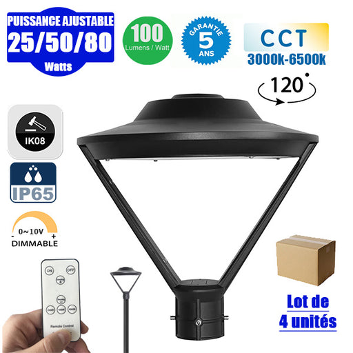 Lot de 4x Lampes de jardin et parking - Série OVALI V2 - CCT (Couleur Changeante en Température) & Puissance Ajustable 25 / 50 / 80 Watts - 100 Lumens/Watt - IK08 - IP65 - Dimmable – Tube d’insertion 45 / 60mm - Avec télécommande - Garantie 5 ans
