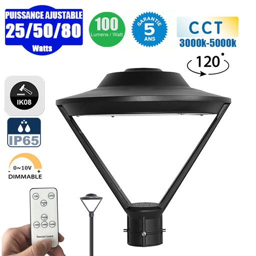 Lampe de jardin et parking - Série OVALI V2 - CCT (Couleur Changeante en Température) & Puissance Ajustable 25 / 50 / 80 Watts - 100 Lumens/Watt - IK08 - IP65 - Dimmable – Tube d’insertion 45 / 60mm - Avec télécommande - Garantie 5 ans