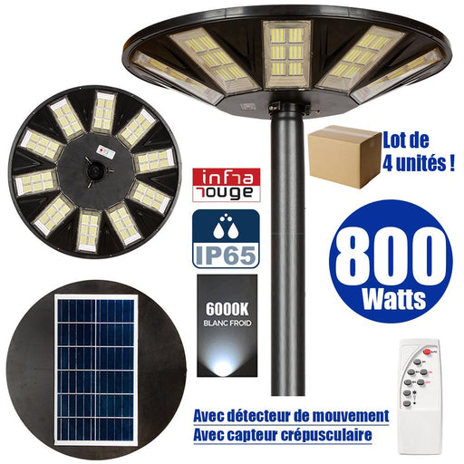 Lot de 4x Lampes solaires pour extérieur - Série OVNI - Version HERCULE 800 - 2700 Lumens - Angle 360° - Lampe 745 x 135 mm - Panneau 625 x 345 mm - Diamètre tube d'insertion  60 - 76 mm - Détecteur PIR – Capteur crépusculaire - Télécommande - 6000k