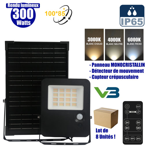 Lot de 8x Projecteurs LED solaires - Série SECURITY V3 - 300 Watts - 4800 Lumens - Angle 100*85° - Lampe 24 x 20 x 4 cm - Panneau solaire MONOCRISTALLIN 37 x 26 x 2 cm - Avec détecteur de mouvement - Télécommande - 3000k/4000k/6000k