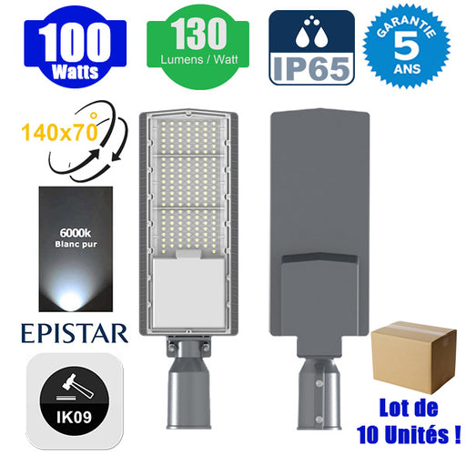 Lot de 10x Lampes de rue filaires - Série FLEX V2 - 100 Watts - 13 000 Lumens - 130 Lumens/Watt - IP65 - IK09 - Angle 140x70° - 54 x 17 x 2 cm - 6000k – Angle rotatif ajustable - Tube d'insertion 50/60mm - Garantie 5 ans