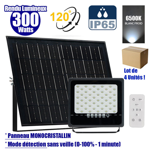 Lot de 4x Projecteurs LED solaires - Série SECURITY ULTRA - 300 Watts - 1500 Lumens - Angle 120° - IP65 - Lampe 24 x 23 x 5 cm - Panneau solaire MONOCRISTALLIN 38 x 24 x 2 cm - Télécommande - 6500k - Mode de détection sans veille (0-100% - 1 minute)