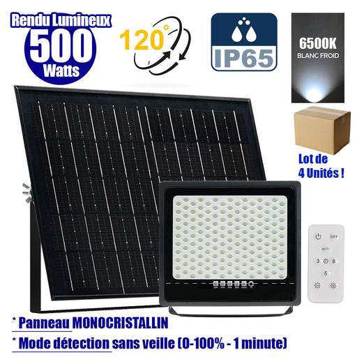 Lot de 4x Projecteurs LED solaires - Série SECURITY ULTRA - 500 Watts - 3000 Lumens - Angle 120° - IP65 - Lampe 32 x 32 x 5 cm - Panneau solaire MONOCRISTALLIN 42 x 38 x 3 cm - Télécommande - 6500k - Mode de détection sans veille (0-100% - 1 minute)